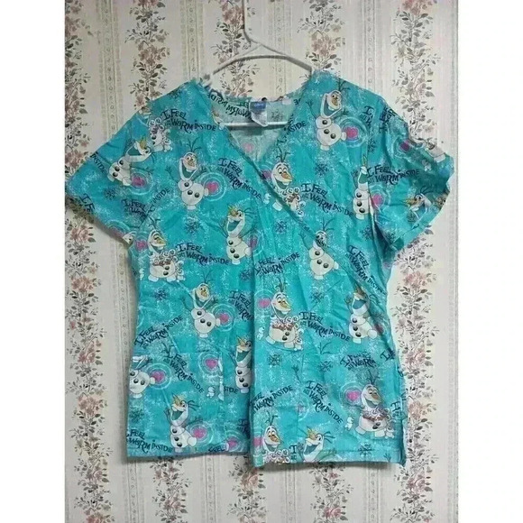Disney Frozen Olaf Womens Medium Medical Scrub Uniform Top 'Feel Warm Inside' - Picture 1 of 6